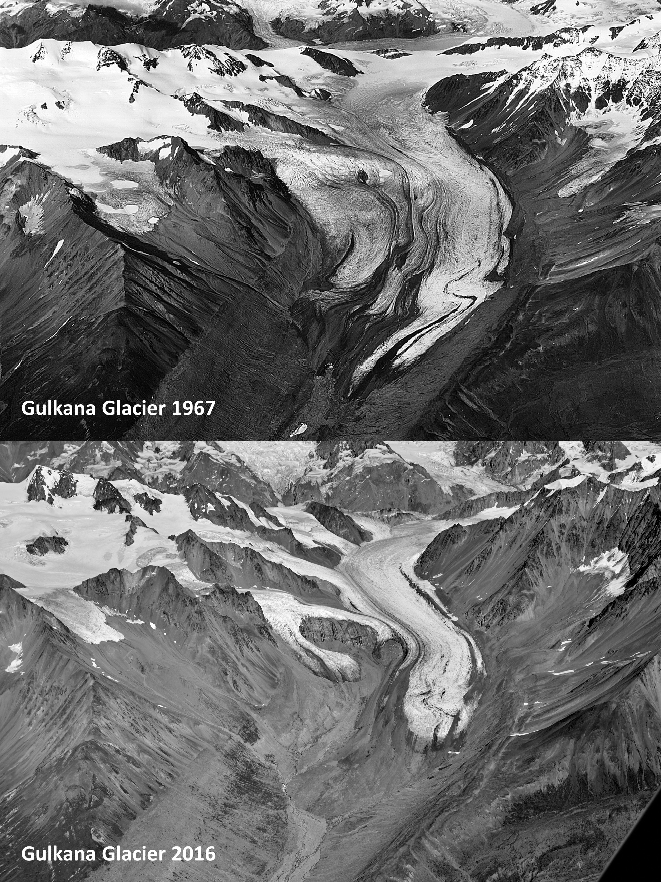 The top photo shows the Gulkana Glacier in 1967 when the US Geological Survey started a glacier mass balance monitoring program. The bottom photo is 49 years later in 2016 and shows the shrinkage of the glacier extent. The total loss of water from the glacier retreat equals a 25m deep water column spread out across the entire recent glacier area. Gulkana Glacier is in the Alaska Range south of Delta Junction. (US Geological Survey)